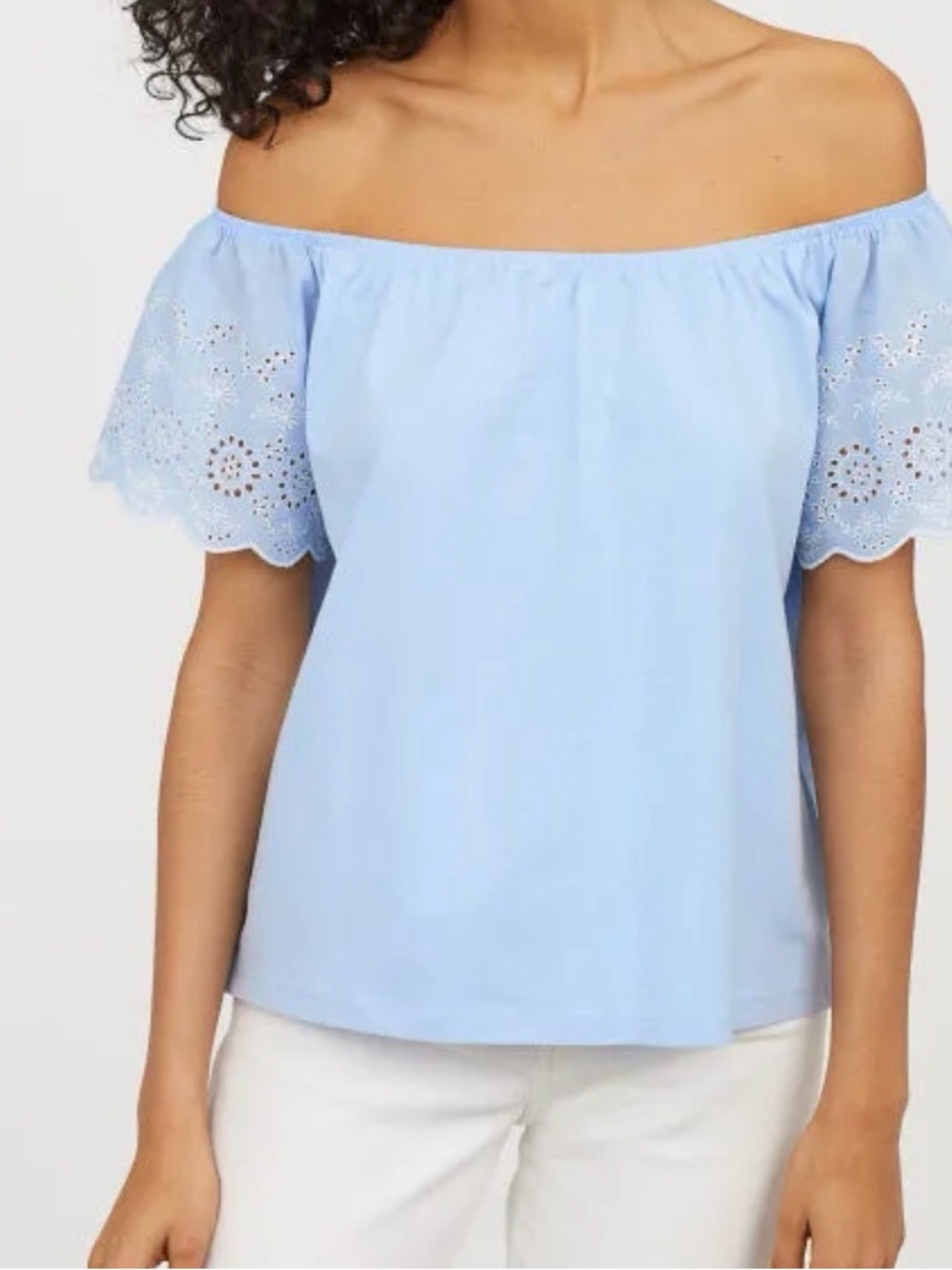 H&M Light Blue Off-Shoulder Embroidered Sleeve Tunic Top